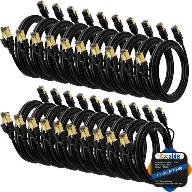 Main image of Cat 7 Ethernet Cable 1 Feet (20 Pack), Multi Pack High Speed Internet Cord, CAT7 RJ45 LAN Network Cable, Triple Shielding SFTP 10Gbps 600Mhz Patch Cable, Compatible with CAT6A CAT6 CAT5E CAT5 Cable