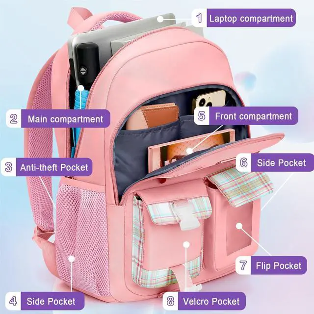 Alt view image 2 of 5 - Kuosdaz School Backpack for Teen Girls,15.6in Laptop Backpack Kids Bookbag for Middle School College Students,Cute School Bag for Women,Pink