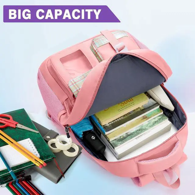 Alt view image 3 of 5 - Kuosdaz School Backpack for Teen Girls,15.6in Laptop Backpack Kids Bookbag for Middle School College Students,Cute School Bag for Women,Pink