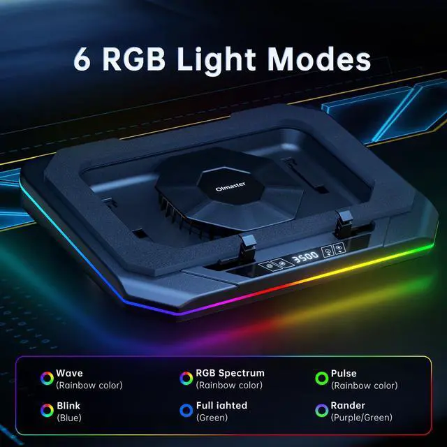 Alt view image 5 of 5 - OImaster Gaming Laptop Cooling Pad with Powerful Turbofan (3500 RPM) RGB 12"-19" Laptop Cooler Stand 3 USB HUB Ergonomics Adjustable 2 Height for Office Notebook Laptop (Black-6558)