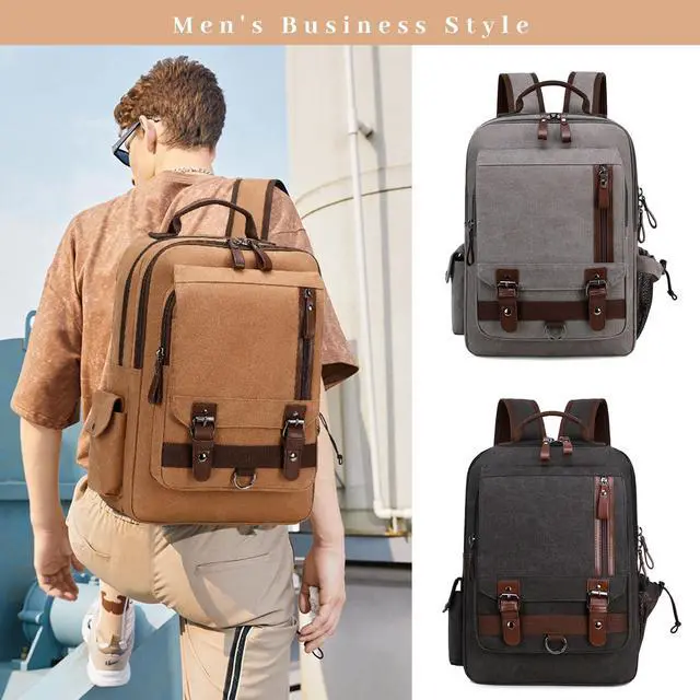 Alt view image 2 of 5 - Lanola Water-resistant Canvas Backpack with Anti-Theft Pocket, Daypacks Fits 15.6 Inch Laptop for Men Perfect for Work, Travel, Daily Use (Coffee)