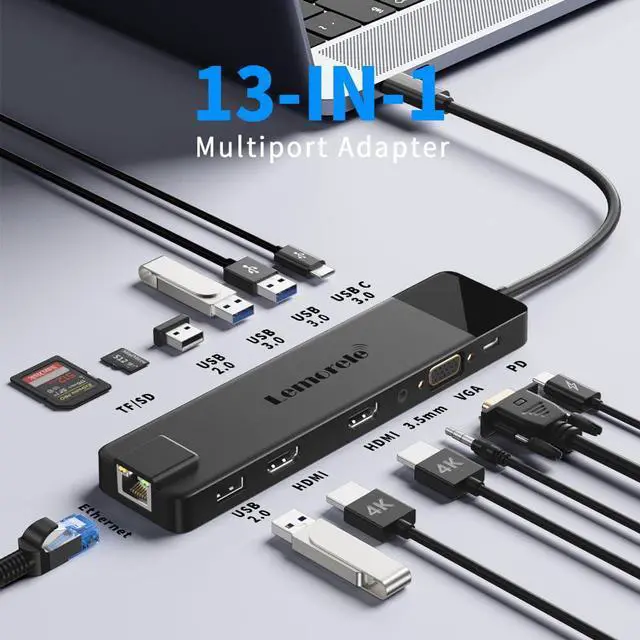 Alt view image 2 of 5 - Lemorele 13 in 1 USB C Docking Station for Triple Monitors, Dual 4K HDMI, 1000M RJ45, VGA, 4 USB 3.0/2.0, SD/TF, 3.5MM Audio, USB C 3.0, 100W PD, Compatible with Type C Laptops