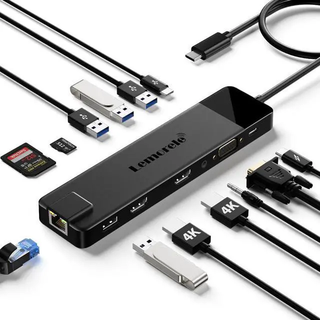 Main image of Lemorele 13 in 1 USB C Docking Station for Triple Monitors, Dual 4K HDMI, 1000M RJ45, VGA, 4 USB 3.0/2.0, SD/TF, 3.5MM Audio, USB C 3.0, 100W PD, Compatible with Type C Laptops