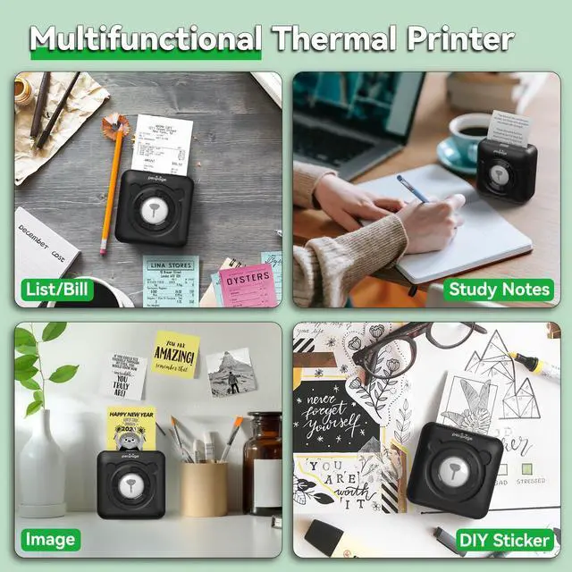 Alt view image 3 of 5 - Mini Pocket Bluetooth Printer, Portable Thermal Sticker Maker, Bluetooth Connected Phone, Compatible with iOS&Android, for Journal/DIY Scrapbook/Travel/Notes/Lists/Label/Memo,Photos 304DPI (Black)