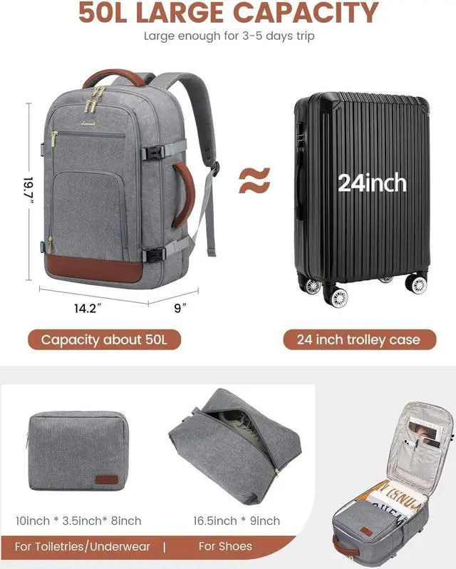 Alt view image 2 of 5 - LOVEVOOK 50L Large Carry on Backpack, Travel Backpack for Women Men Flight Approved, Personal Item Travel Bag For Airplanes, Waterproof 18 Inch Laptop Backpack, Business Weekender Overnight Daypack