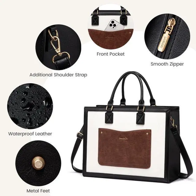 Alt view image 4 of 5 - LOVEVOOK Laptop Tote Bag for Women, 15.6 Inch Work Bags, Vintage Leather Tote Bag, Waterproof Computer Bags with Clutch Purse, Large Capacity Messenger Bag for Teacher College Business Office