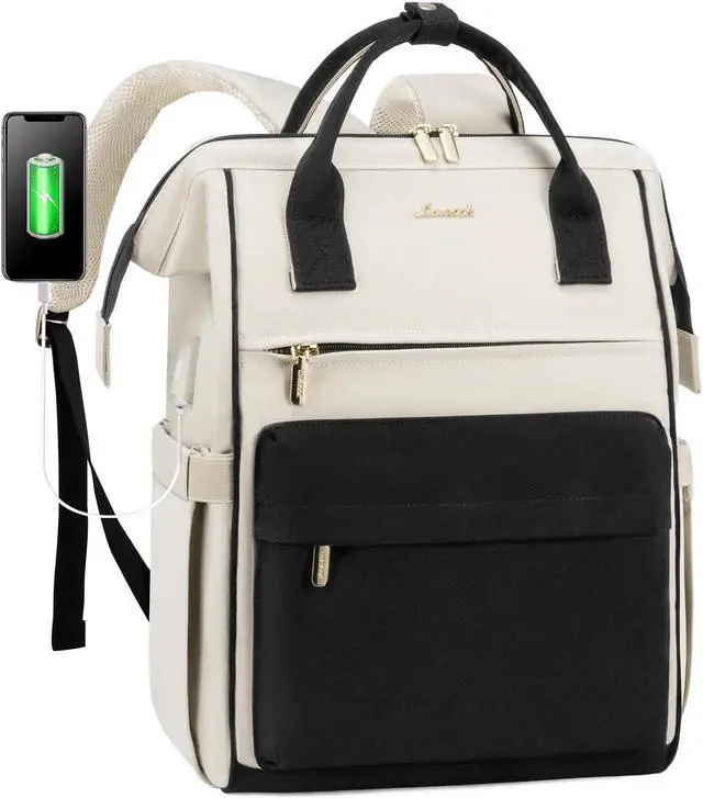Main image of LOVEVOOK Laptop Backpack for Women, 17 Inch Work Teacher Nurse Bag, Large Capacity Business Computer Backpack Purse with USB Port, Stylish Casual Daypack for Travel,Beige&Black
