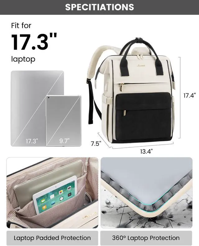 Alt view image 3 of 5 - LOVEVOOK Laptop Backpack for Women, 17 Inch Work Teacher Nurse Bag, Large Capacity Business Computer Backpack Purse with USB Port, Stylish Casual Daypack for Travel,Beige&Black