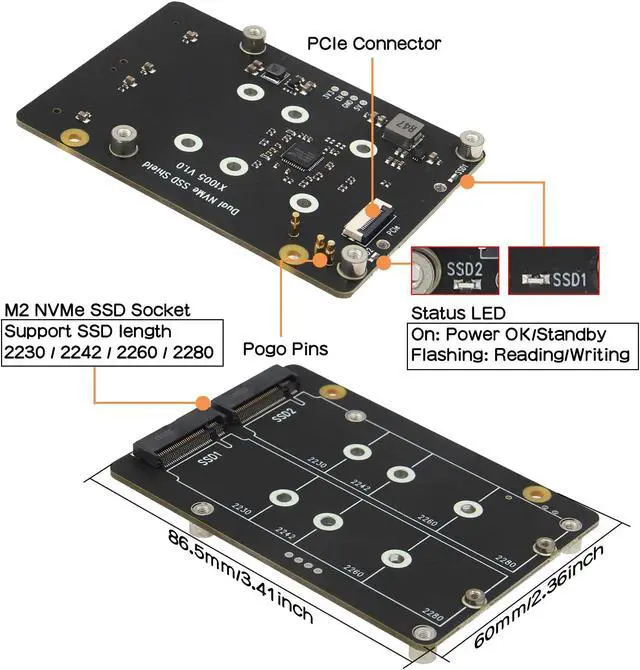 Alt view image 2 of 5 - Geekworm X1005 PCIe to Bottom Dual M.2 HAT NVMe SSD PCIe Peripheral Board for Raspberry Pi 5 Support M.2 2230/2242/2260/2280 SSD