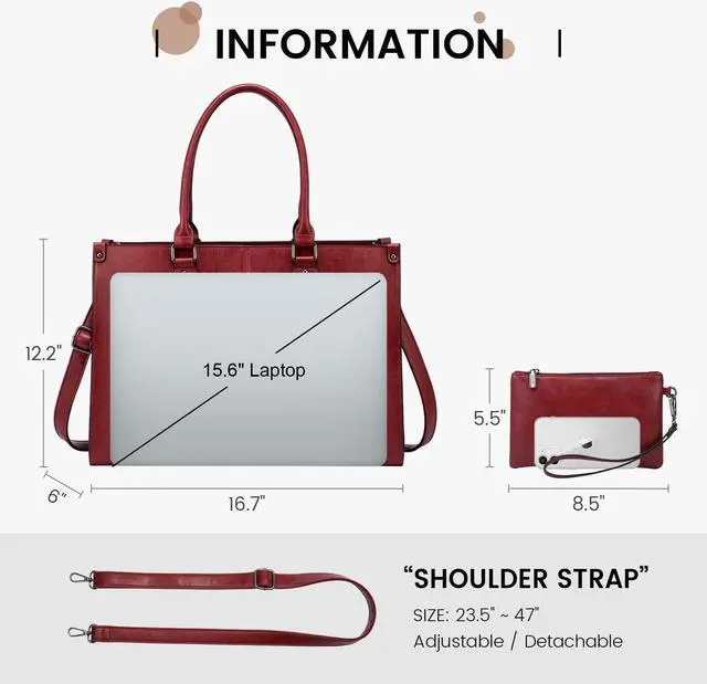 Alt view image 2 of 5 - LOVEVOOK Laptop Tote Bag for Women, 15.6 Inch Large Capacity Vintage Leather Work Computer Bag, Business Casual Shoulder Handbag, Dark Red