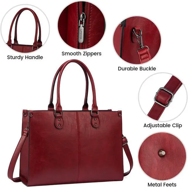 Alt view image 4 of 5 - LOVEVOOK Laptop Tote Bag for Women, 15.6 Inch Large Capacity Vintage Leather Work Computer Bag, Business Casual Shoulder Handbag, Dark Red