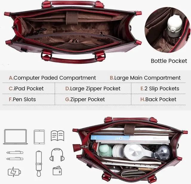 Alt view image 3 of 5 - LOVEVOOK Laptop Tote Bag for Women, 15.6 Inch Large Capacity Vintage Leather Work Computer Bag, Business Casual Shoulder Handbag, Dark Red