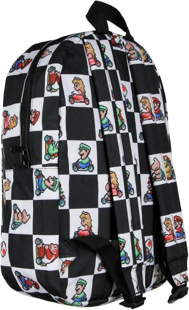 Alt view image 4 of 4 - Bioworld Super Nintendo Mario Kart 8-Bit Character Checkered Travel Laptop Backpack