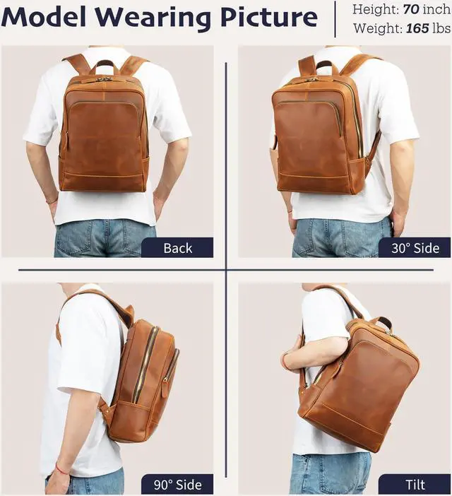 Alt view image 2 of 5 - Miracttld Leather Backpack for Men 15.6" Laptop Backpack 100% Madagascar top-Grain Leather Backpack Light Brown Medium Size