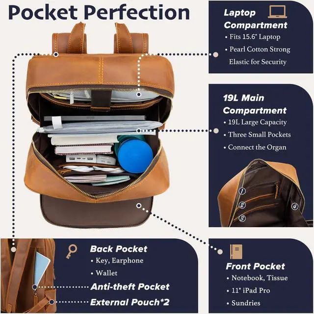 Alt view image 3 of 5 - Miracttld Leather Backpack for Men 15.6" Laptop Backpack 100% Madagascar top-Grain Leather Backpack Light Brown Medium Size