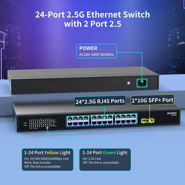Alt view image 2 of 5 - 24 Port 2.5G  2 Port 10G SFP+ Ethernet Switch, NICGIGA 26 Port 2.5Gb Network Switch Unmanaged, Plug & Play, Desktop or 19-inch Rack Mount, Fanless Metal Design.