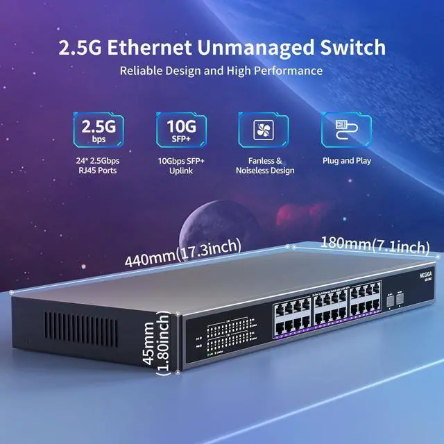 Alt view image 3 of 5 - 24 Port 2.5G  2 Port 10G SFP+ Ethernet Switch, NICGIGA 26 Port 2.5Gb Network Switch Unmanaged, Plug & Play, Desktop or 19-inch Rack Mount, Fanless Metal Design.