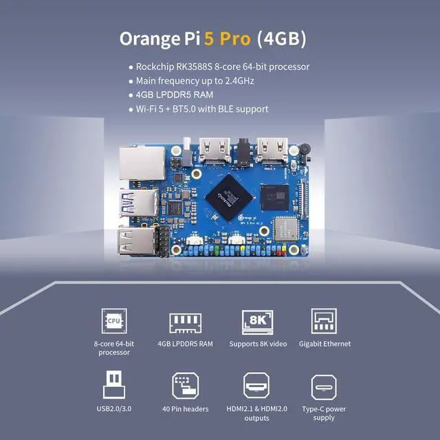 Alt view image 3 of 5 - Orange Pi 5 Pro 4GB LPDDR5 Rockchip RK3588S 8-Core 64-Bit Single Board Computer with eMMC Socket, Development Board Run Orange Pi/Ubuntu/Debian/Android 12 OS (5 Pro 4GB+5V5A Type C Power Supply)