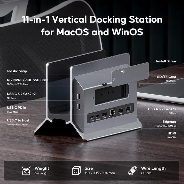 Alt view image 2 of 5 - PULWTOP Vertical USB C Docking Station for MacBook Pro Air, Laptop Docking Station with M.2 SSD Expansion Slot, HDMI 4K, 4 USB A/C Max 10Gbps, RJ45, SD/TF, PD Dock for Full-Featured Type-C Laptops