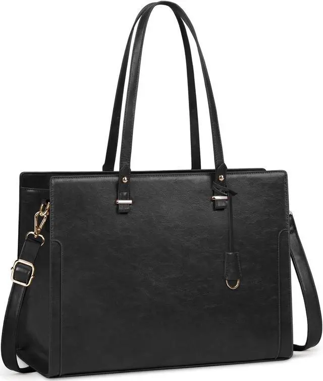 Main image of RAINSMORE Laptop Bag for Women 15.6 Inch Vintage Leather Professional Work Tote Bag Waterproof Computer Bag Shoulder Bag (Black)