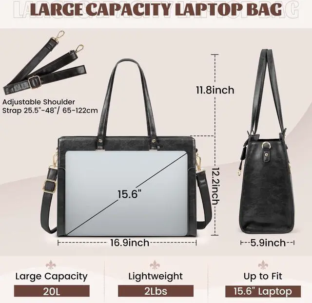 Alt view image 2 of 5 - RAINSMORE Laptop Bag for Women 15.6 Inch Vintage Leather Professional Work Tote Bag Waterproof Computer Bag Shoulder Bag (Black)