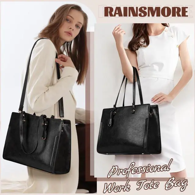 Alt view image 3 of 5 - RAINSMORE Laptop Bag for Women 15.6 Inch Vintage Leather Professional Work Tote Bag Waterproof Computer Bag Shoulder Bag (Black)