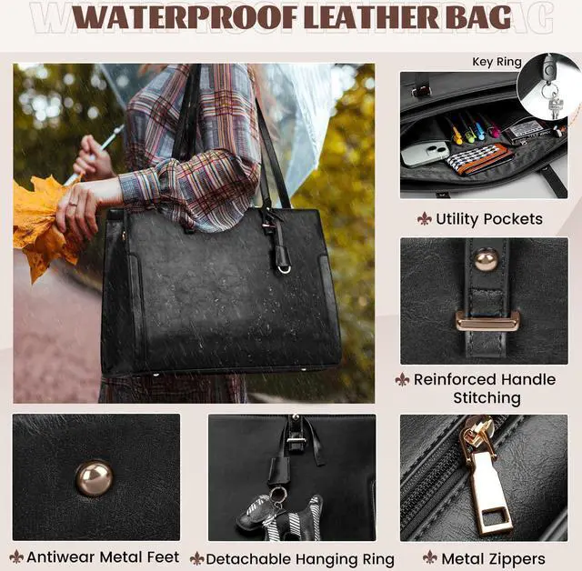 Alt view image 5 of 5 - RAINSMORE Laptop Bag for Women 15.6 Inch Vintage Leather Professional Work Tote Bag Waterproof Computer Bag Shoulder Bag (Black)