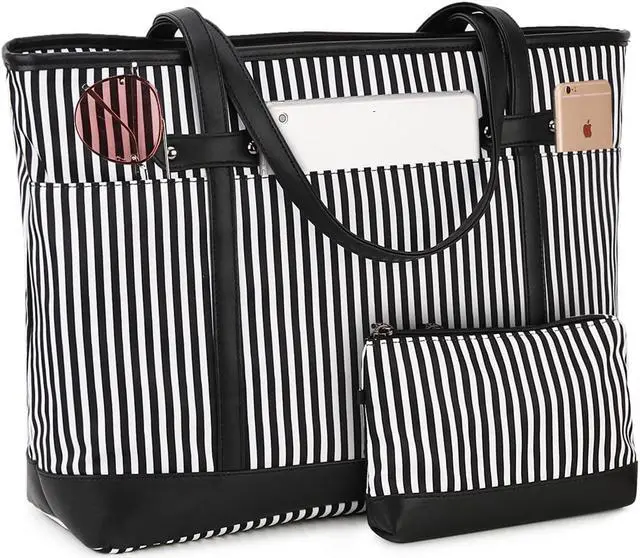 Main image of RAVUO Laptop Tote Bag for Women, Water Resistant 15.6 Inch Computer Handbag Purse Teacher Bag With Portable Small Pouch (Black Stripe)