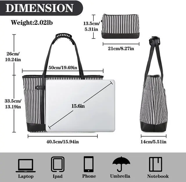 Alt view image 2 of 5 - RAVUO Laptop Tote Bag for Women, Water Resistant 15.6 Inch Computer Handbag Purse Teacher Bag With Portable Small Pouch (Black Stripe)
