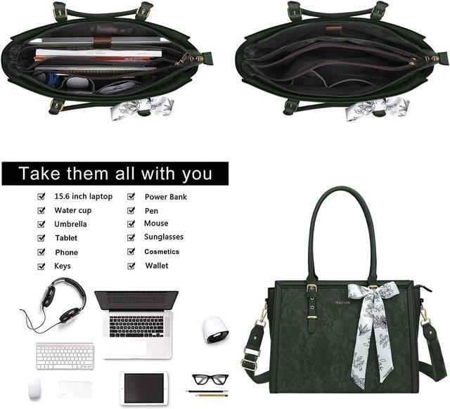 Alt view image 4 of 5 - MOSISO Laptop Bag for Women, 15.6-16 inch PU Leather Tote Bag Compatible with MacBook, HP, Dell, Asus Notebook, Front Embossed Retro Hibiscus Computer Bags with Silk Scarf&Clutch Purse, Emerald Green