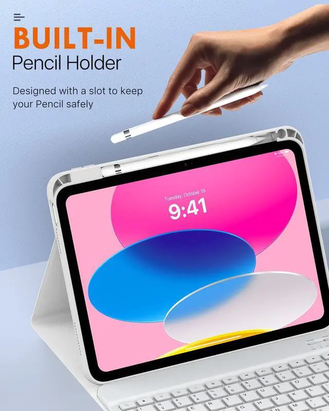 Alt view image 3 of 5 - MoKo Keyboard Case for iPad 10th Generation Case with Keyboard, iPad 10th Generation Keyboard with Pencil Holder, Multi-Angle Detachable Bluetooth Keyboard for iPad 10th Generation, White