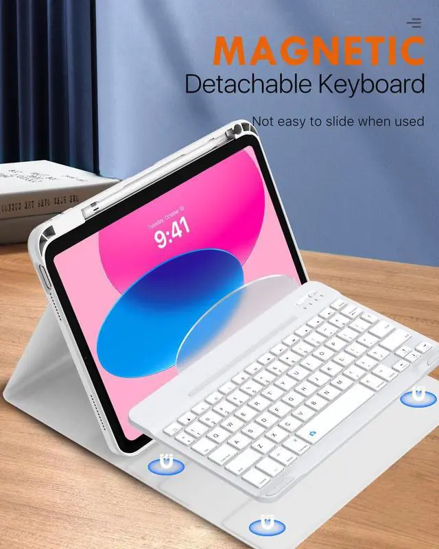 Alt view image 4 of 5 - MoKo Keyboard Case for iPad 10th Generation Case with Keyboard, iPad 10th Generation Keyboard with Pencil Holder, Multi-Angle Detachable Bluetooth Keyboard for iPad 10th Generation, White