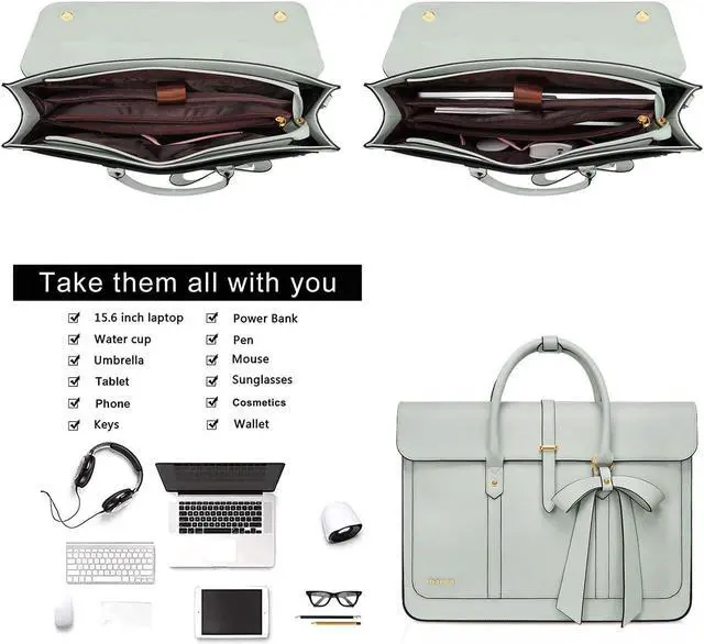 Alt view image 2 of 5 - MOSISO Laptop Bag for Women, 15-15.6 inch PU Leather Laptop Shoulder Bags Convertible Backpack, 16 inch Messenger Bags Casual Handbag Work Briefcase Travel Computer Bag with Bowknot, Sage Green