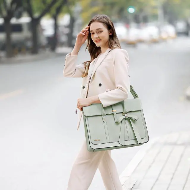 Alt view image 4 of 5 - MOSISO Laptop Bag for Women, 15-15.6 inch PU Leather Laptop Shoulder Bags Convertible Backpack, 16 inch Messenger Bags Casual Handbag Work Briefcase Travel Computer Bag with Bowknot, Sage Green