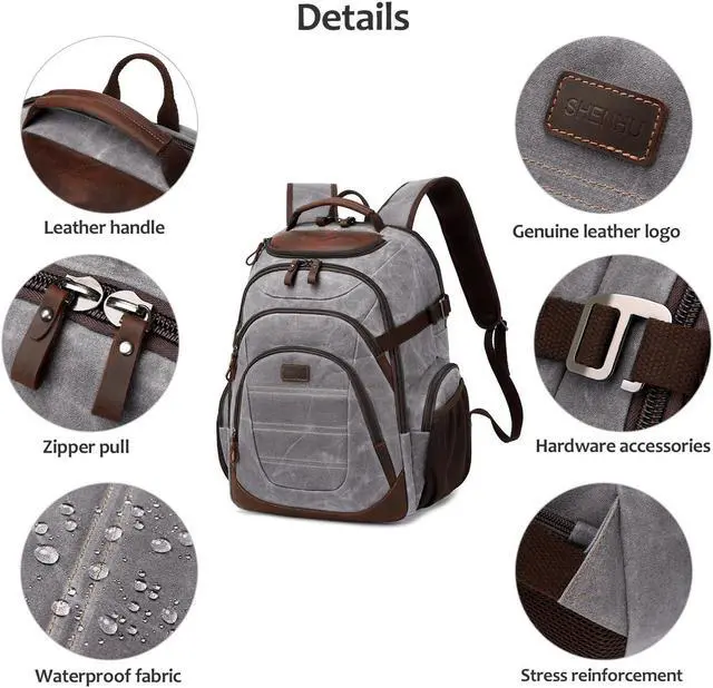 Alt view image 5 of 5 - SHENHU Travel Laptop Backpack 17.3 inch XL Computer Backpack for Men Waxed Canvas College Daypack Business Backpack Gray