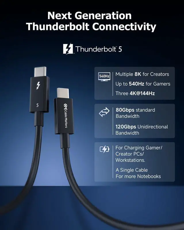 Alt view image 2 of 5 - Cable Matters [Intel Certified] 80Gbps Thunderbolt 5 Cable with up to 120Gbps Bandwidth Boost and 240W Charging - 1m / 3.3ft, Compatible with Thunderbolt 4, USB4, and USB C, Black