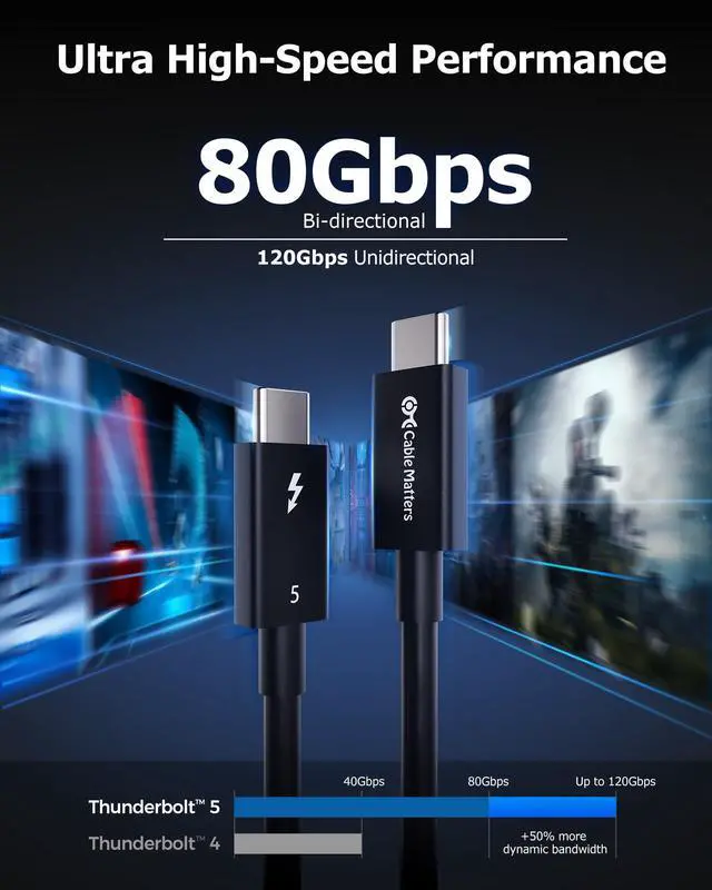 Alt view image 4 of 5 - Cable Matters [Intel Certified] 80Gbps Thunderbolt 5 Cable with up to 120Gbps Bandwidth Boost and 240W Charging - 1m / 3.3ft, Compatible with Thunderbolt 4, USB4, and USB C, Black
