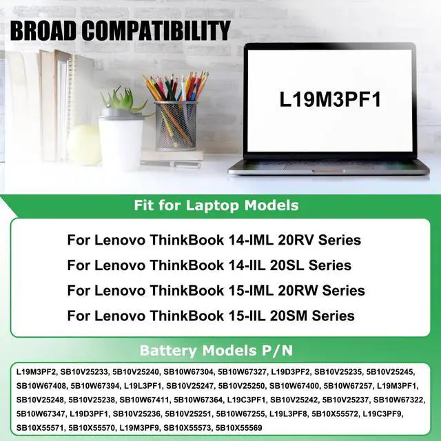 Alt view image 2 of 5 - RHKRKQN L19M3PF1 Laptop Battery Replacement for Lenovo ThinkBook 14-IML 20RV 14-IIL 20SL 15-IML 20RW 15-IIL Series Notebook L19C3PF1 L19D3PF1 L19L3PF1 L19M3PF2 L19C3PF9 L19M3PF9 L19L3PF8 L19D3PF2