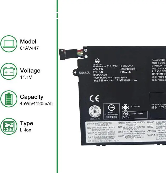 Alt view image 2 of 5 - JIAZIJIA 01AV447 L17M3P52 SB10K97608 Laptop Battery Replacement for Lenovo ThinkPad E480 E485 E495 E580 E585 E490 E590 E595 E14 E15 Series 01AV445 L17L3P51 01AV448 L17C3P51 01AV446 L17M3P51 11.1V 45Wh