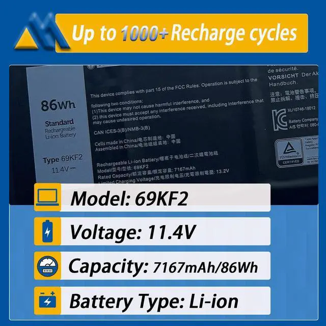 Alt view image 2 of 5 - Mobik 86Wh 69KF2 6-Cell Battery Replacement for Dell XPS 15 9500 9510 9520 G15 5510 5511 5515 5520 5521 Precision G5 G7 G16 M15 R3 R4 R5 R6 R7 M17 R3 R4 Inspiron 7510 7610 7620 P87F P91F 8FCTC 11.4V