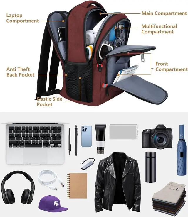 Alt view image 3 of 5 - Skaypibs Backpack for Women Men, Travel School Backpacks for Teen Boys, Bookbag with USB Charging Port, Anti Theft College Backpack Fits 15.6 Inch Laptop, Casual Work Business Back Pack, Red