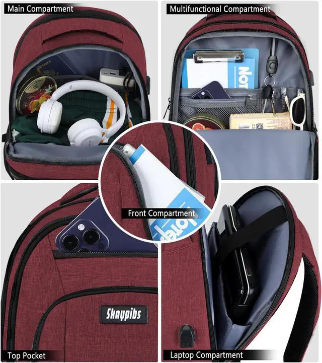 Alt view image 4 of 5 - Skaypibs Backpack for Women Men, Travel School Backpacks for Teen Boys, Bookbag with USB Charging Port, Anti Theft College Backpack Fits 15.6 Inch Laptop, Casual Work Business Back Pack, Red
