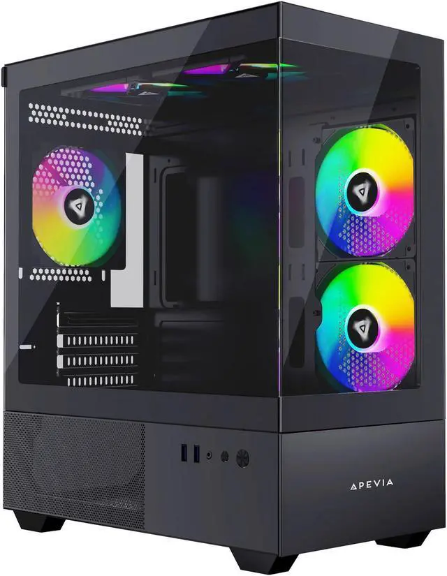 Main image of Apevia Phantom-BK Phantom Micro-ATX Dual-Chamber Gaming PC Case w/ 5X 120mm ARGB Fans, 366 RGB Modes, Dual Tempered Glass Panels, 240mm Radiator Support, 2X USB3.0, HD Audio Port, Black