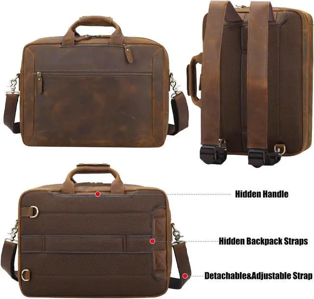 Alt view image 2 of 5 - TIDING Leather 15.6" Laptop Backpack Convertible Business Briefcase Crossbody Shoulder Messenger Bag, Brown