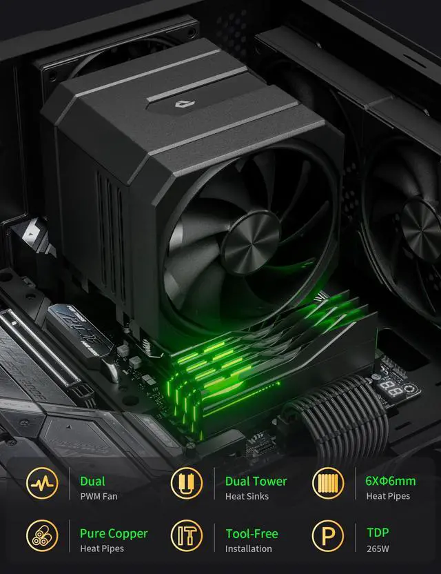 Alt view image 5 of 5 - CPU Air Cooler with 6X6mm Heat Pipes,Dual 120mm Fan CPU Cooler 1600rmp,CPU Air Cooler AMD AM5/AM4/AM3 Series,CPU Air Cooler 6.22 Height compatible with Intel LGA 1851/1700/1155/1156/2011/2066(Black)