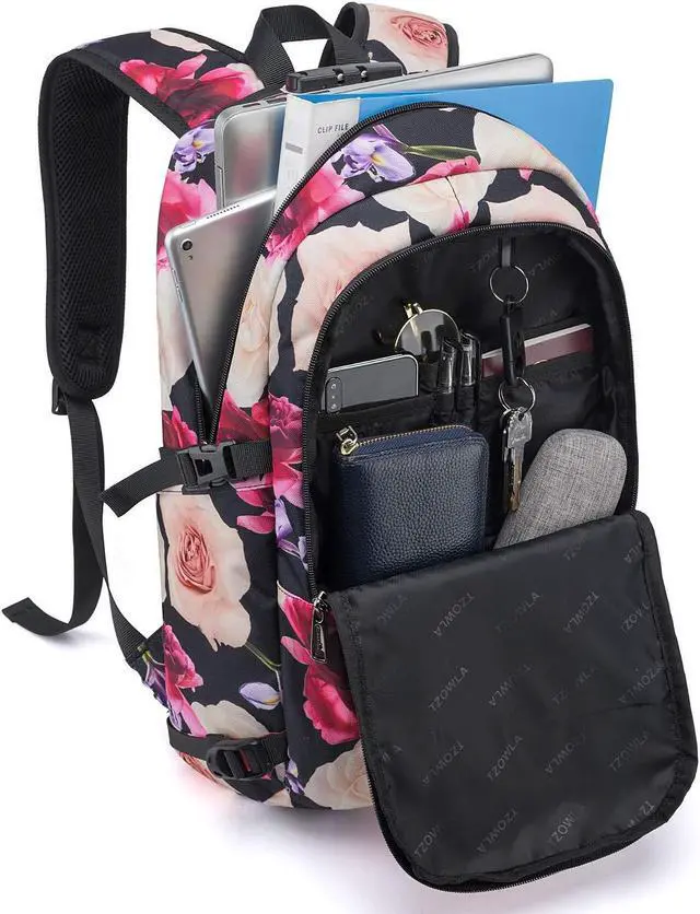 Alt view image 2 of 5 - Tzowla Business Laptop Backpack Water Resistant Anti-Theft with USB Charging Port and Lock 15.6 Inch Computer Backpacks for Men, Women, Casual Hiking Travel Daypack (Flower)