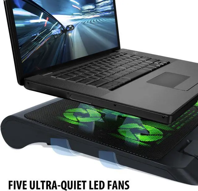 Alt view image 3 of 5 - ENHANCE Gaming Laptop Cooling Pad Stand with LED Cooler Fans, Adjustable Height, & Dual USB Port for 17 inch Laptops - 5 Ultra Quiet High Performance Fans 2630 RPM & Built-in Bumpers - Green