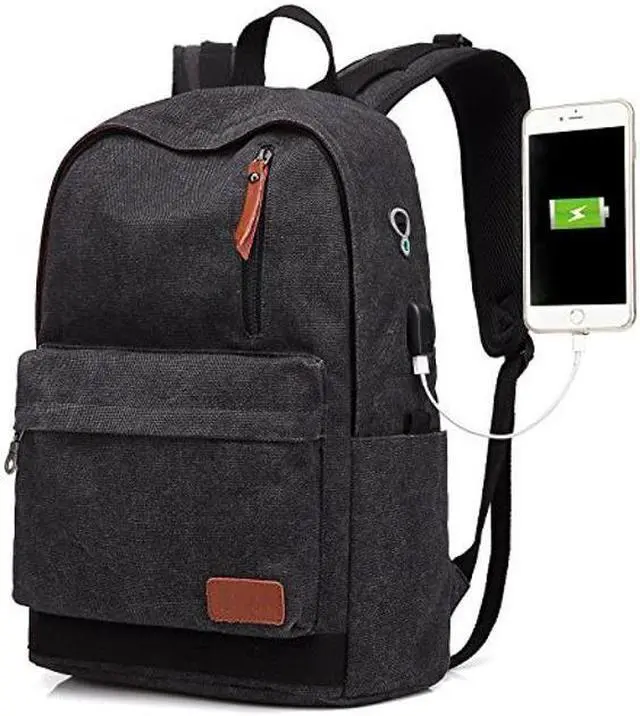 Main image of UNIWALK Canvas Laptop Backpack, Waterproof College Backpack With USB Charging Port For Men Women, Vintage Anti-theft Travel Daypack Rucksack Fits up to 15.6 inch Computer(Black)