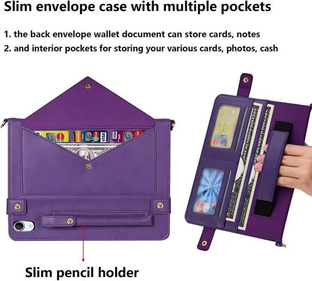 Alt view image 3 of 5 - UUcovers Crossbody Handbag Case for iPad (A16) 11th Gen 11" 2025 & iPad 10th Gen 10.9" 2022 with Pencil Holder/Pockets [Shoulder Strap/Hand Strap] Folio Stand Envelope Magnetic Wallet Cover, Purple