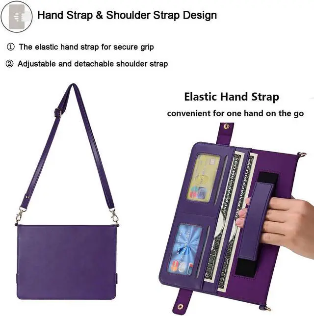 Alt view image 5 of 5 - UUcovers Crossbody Handbag Case for iPad (A16) 11th Gen 11" 2025 & iPad 10th Gen 10.9" 2022 with Pencil Holder/Pockets [Shoulder Strap/Hand Strap] Folio Stand Envelope Magnetic Wallet Cover, Purple